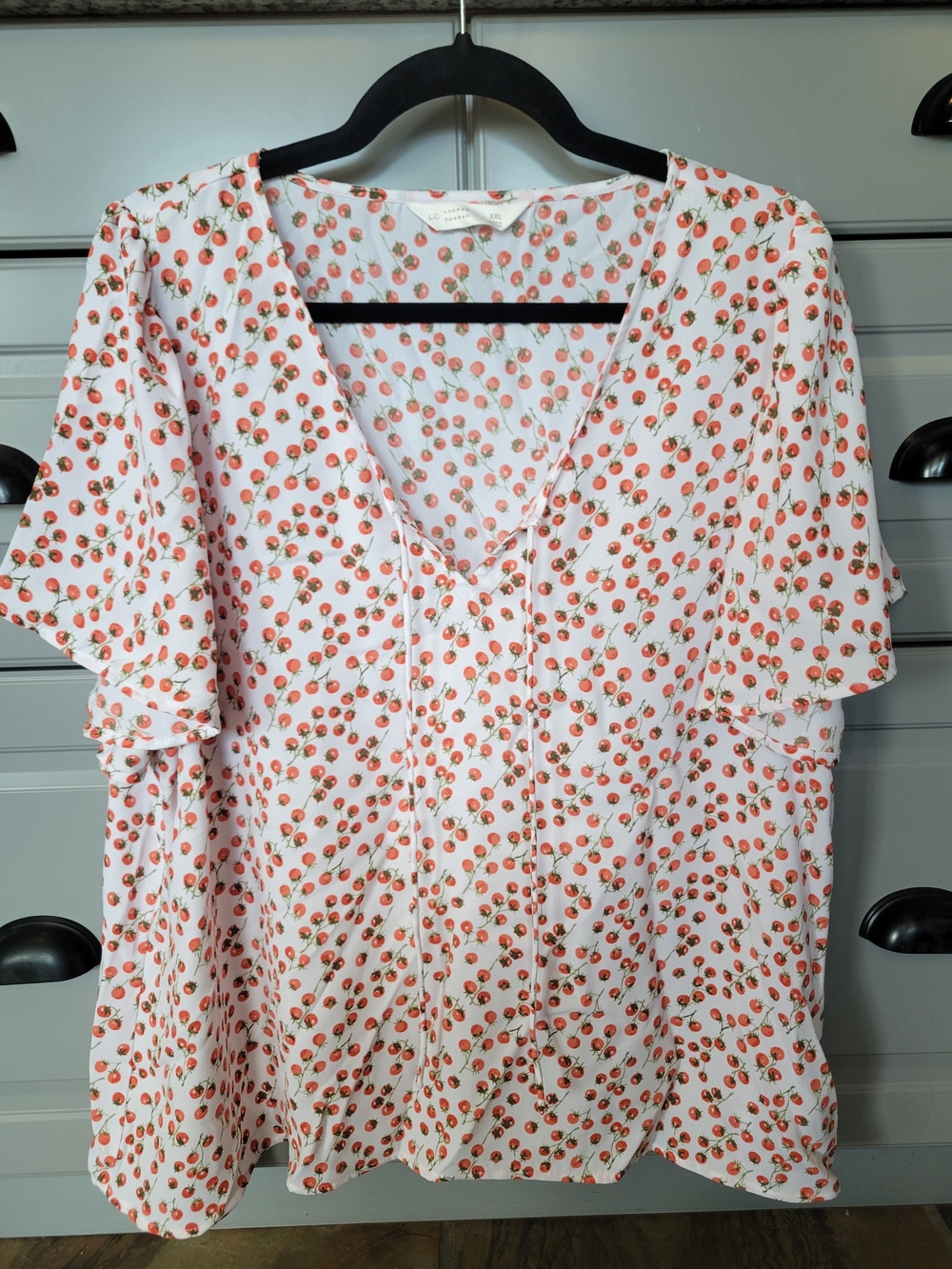 LC Lauren Conrad White Cherry Tomato Print V-Neck Blouse